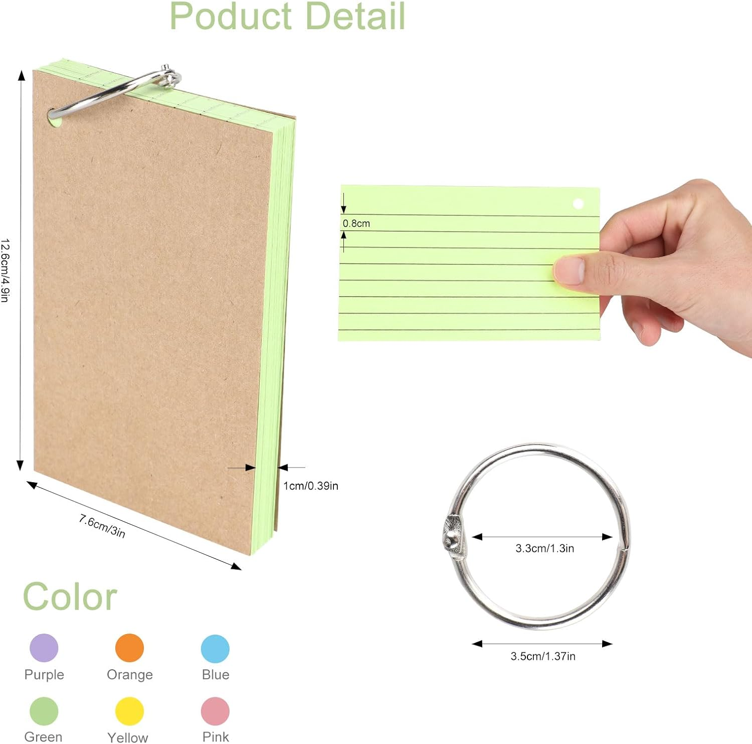 6 Pack Flash Cards 300 Pcs Index Cards Revision Coloured Card Mini Notepads with Binder Rings for Study Office Note Pads School Learning Memo image number 2