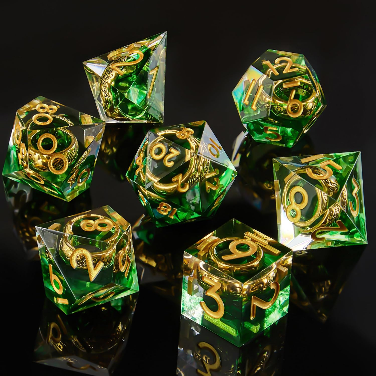 Role Dice DND Dice Set, Lord of the Rings Dice Set for Role Playing Dungeons and Dragons Ttrpg with Gift Box, 7Pcs Sharp Edge D&D Dice Handmade Resin Dice RPG Games Dice Set(Green) - Ring Green image number 5