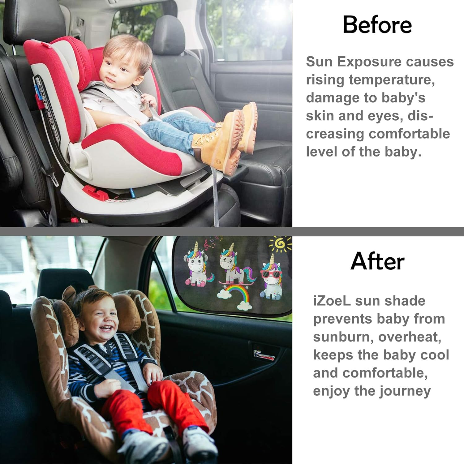 Izoel Car Sun Shade for Baby Kids 2 Pack Static Cling Side Window Car 80GSM Rear Sunshades Universal with 8 Suction Cups and Storage Bag - Sun Glare and UV Rays Protection (Unicorn) - Black image number 5