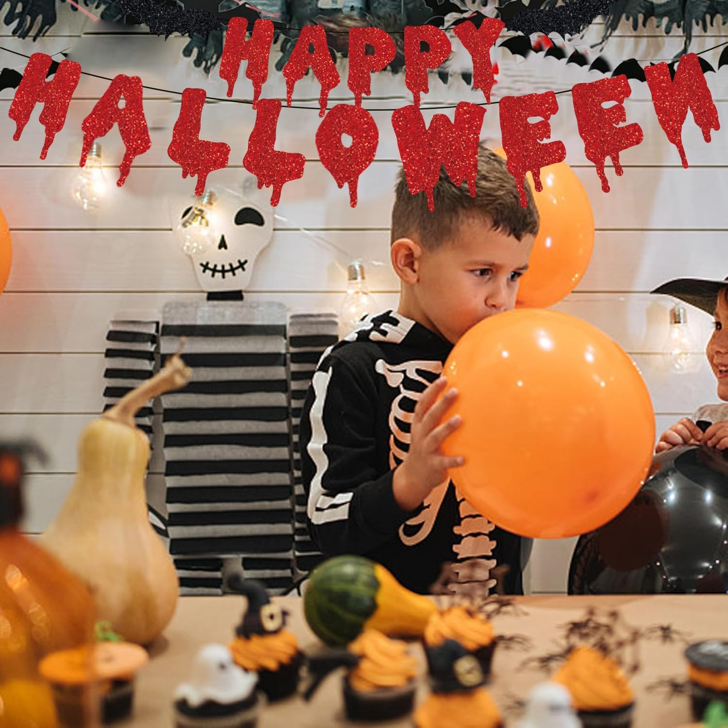 Happy Halloween Banner Red Black Glitter Bat Banner Halloween Hanging Paper Garland Bunting Banner for Halloween Zombie Vampire Haunted Houses Indoor Outdoor Party Decorations Supplies Kit image number 3