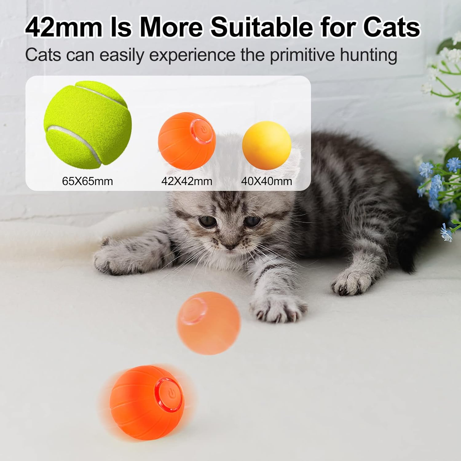Interactive Cat Ball Toys, Intelligent Motion Activated Automatic Rolling Bouncing Ball Toys for Kitten, USB Rechargeable Present for Cats with LED Lights (Orange) image number 6