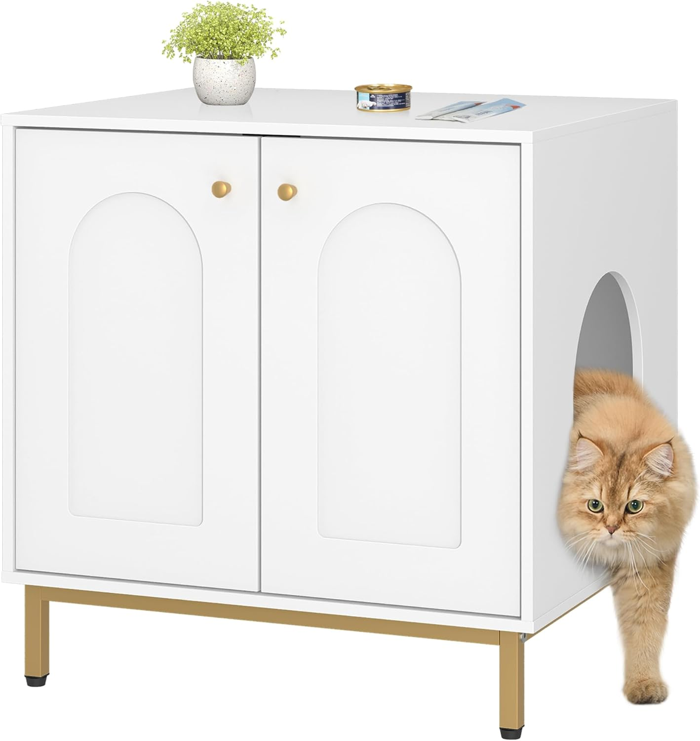 Hzuaneri Cat Litter Box Enclosure, Hidden Litter Box Furniture, Wooden Pet House Side End Table, Storage Cabinet Bench, Fit Most Cat and Litter Box, Living Room, Bedroom, White and Gold CB81203G image number 4