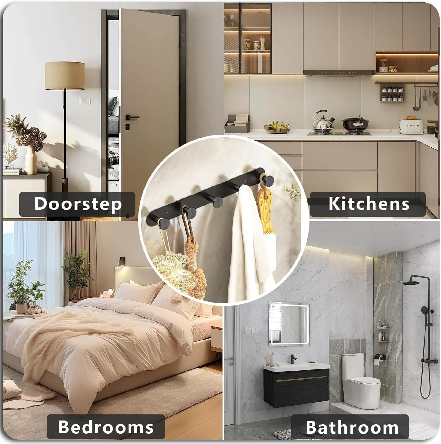 YUNYU Heavy-Duty Stainless Steel Coat Hooks - Self Adhesive No-Drill Wall Mounted, Black Door Hooks with 5 Hangers for Bathroom, Bedroom & Kitchen Storage Organisation image number 4