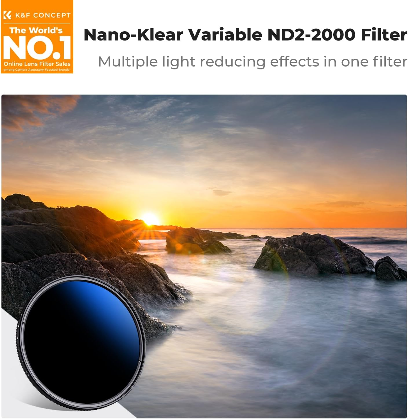 K&F CONCEPT 55Mm ND2-2000 (1-11 Stops) Variable ND Camera Lens Filter-18 Multi-Coated Adjustable Neutral Density Filter with 3 Vacuum Cleaning Cloths (Nano-K) image number 1