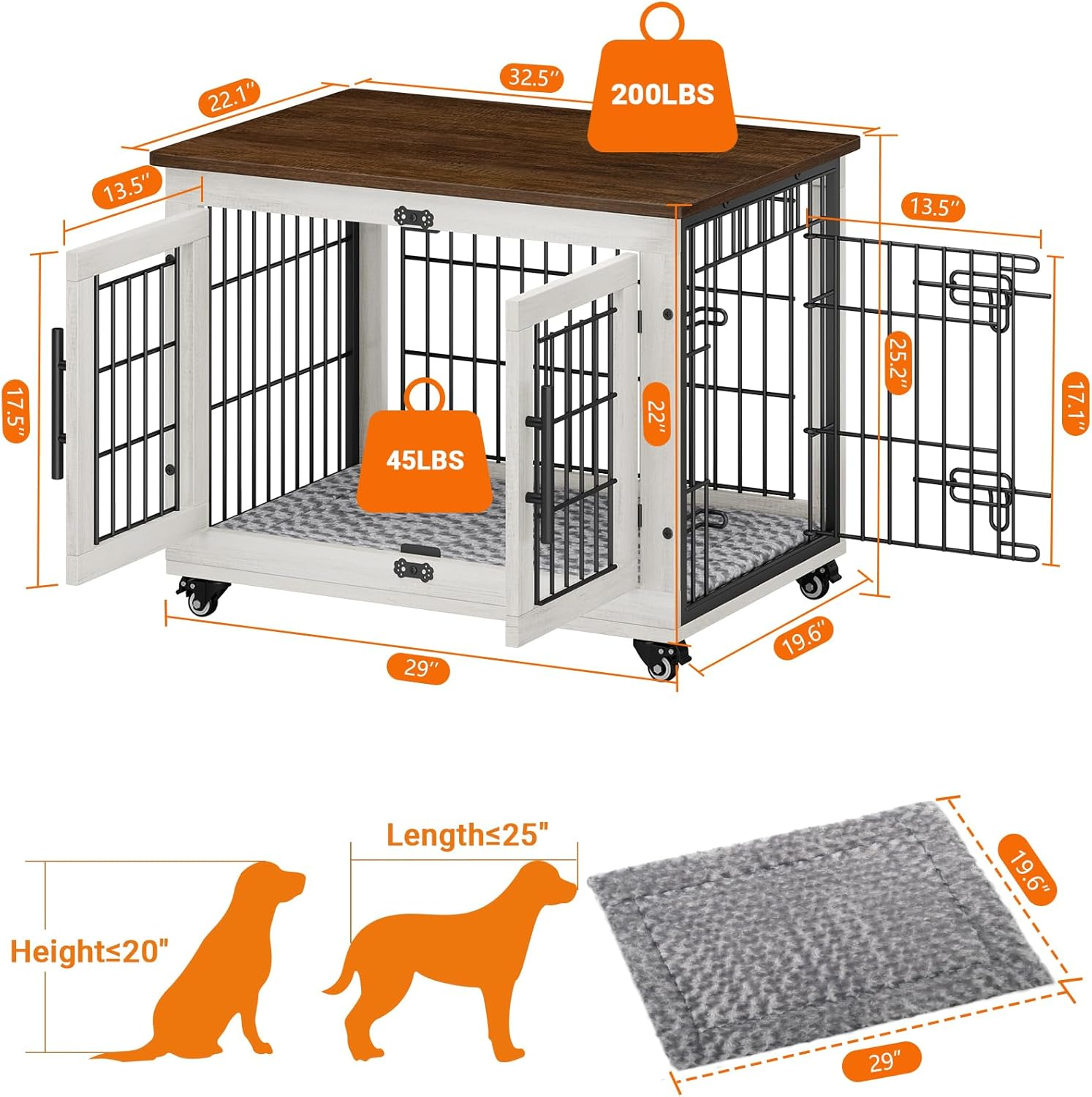 Yafiti Dog Crate Furniture with Cushion, Wooden Dog Kennel Indoor with Double Doors, Dog Cage with Wheels, Dog House Side End Table for Small Medium Dogs up to 45 Lb, 32.5" L, White image number 3