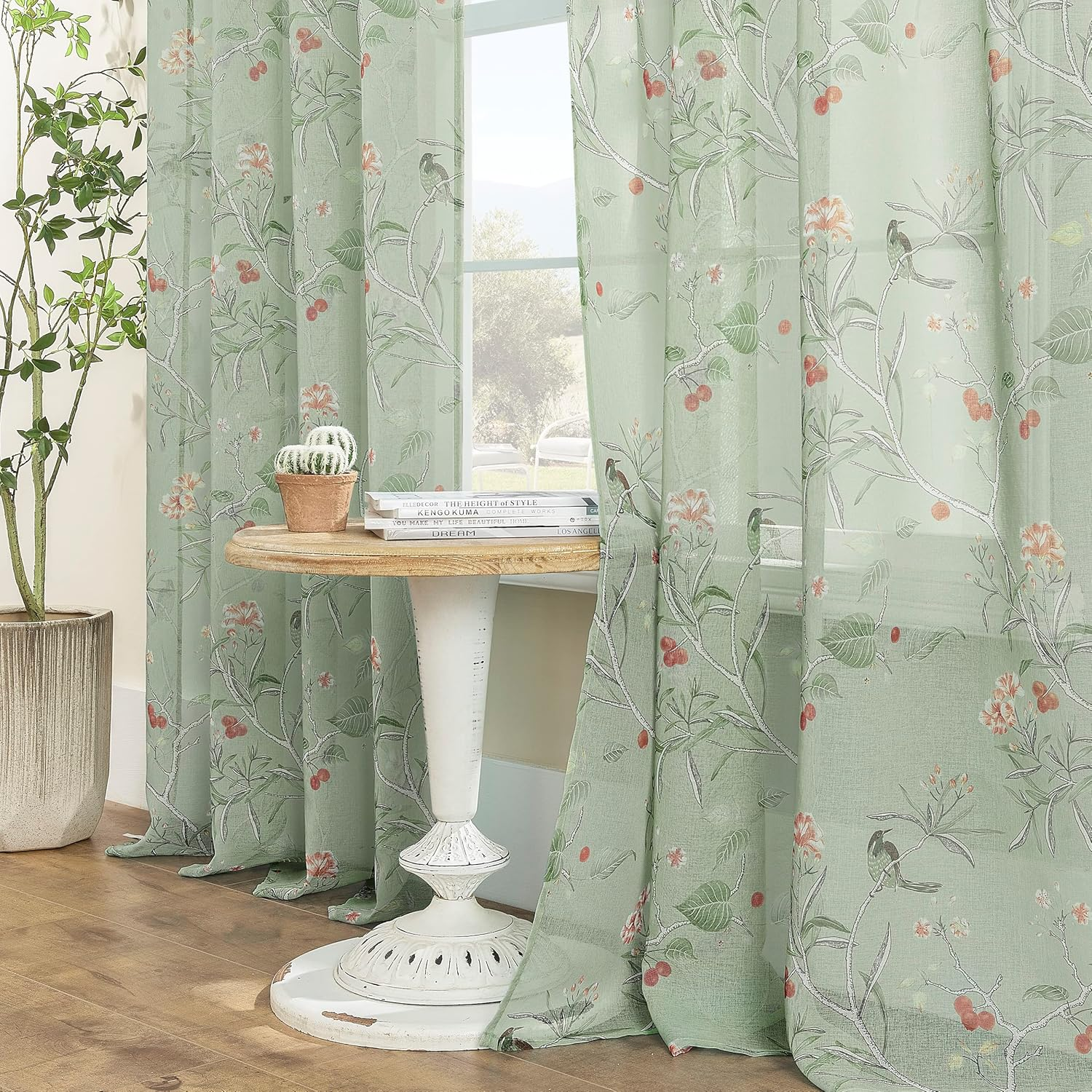 XTMYI Light Green Curtains 63 Inch Length for Bedroom 2 Panels Cute Birds Floral Pattern Rustic Cottage Core Cottagecore Sheer Decorative Kitchen Dining Room Bathroom Window, Sage Green, 52/''X63/''