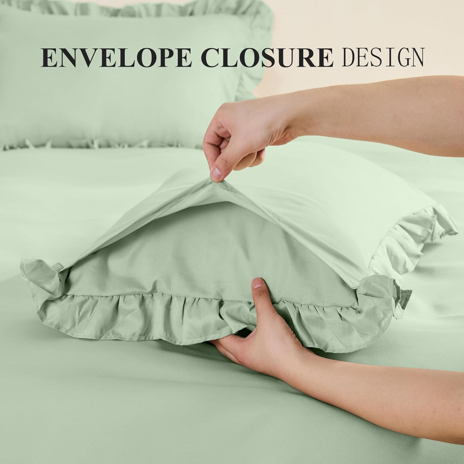 LINENOVA Ruffled Pillow Cases Set of 2 - Standard Size 48X74Cm - Ultra Soft Microfiber 2000TC Pillowcase - Pillow Cover with Envelope Closure - Sage Green image number 7