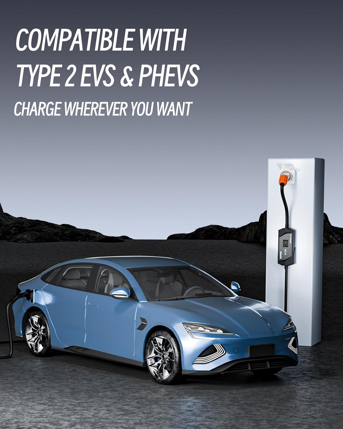 EVPEIWE Type 2 EV Charger 32A 7KW Portable Type 2 EV Charging Cable 5 Pin Single Phase EV Home Charger 6A-32A Adjustable Current Type 2 EV Charger for IEC 62196-2 Evs Model 3/Y BYD Atto3 MG, IP65