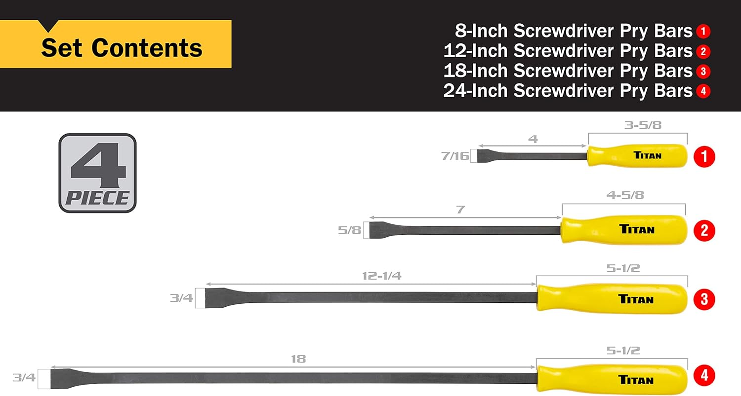 Titan 17101 4 Pc. Pry Bar Set, Includes 8-Inch, 12-Inch, 18-Inch, and 24-Inch Screwdriver Pry Bars, Factory, Forged Carbon Steel image number 2