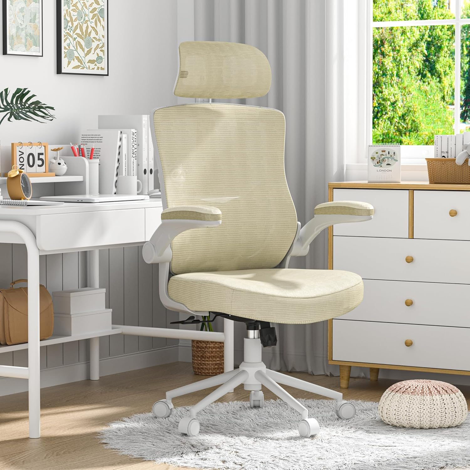 , Ergonomic Mesh Desk Chair, High Back Computer Chair- Adjustable Headrest with Flip-Up Arms, Lumbar Support, Swivel Executive Task Chair (Modern, Hunter Green)