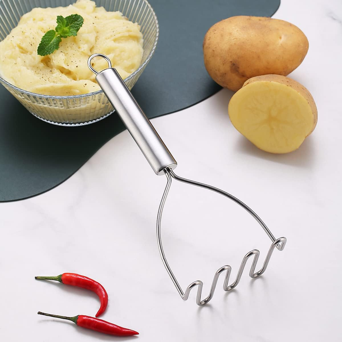 Potato Mashers, Kyraton Heavy Duty Stainless Steel Potato Ricer with Firm Grip, Kitchen Masher Perfect for Mashed Baby Food, Vegetable, Fruits, Mashed Potatoes, Jam, Use for Cooking and Kitchen Gadget image number 1