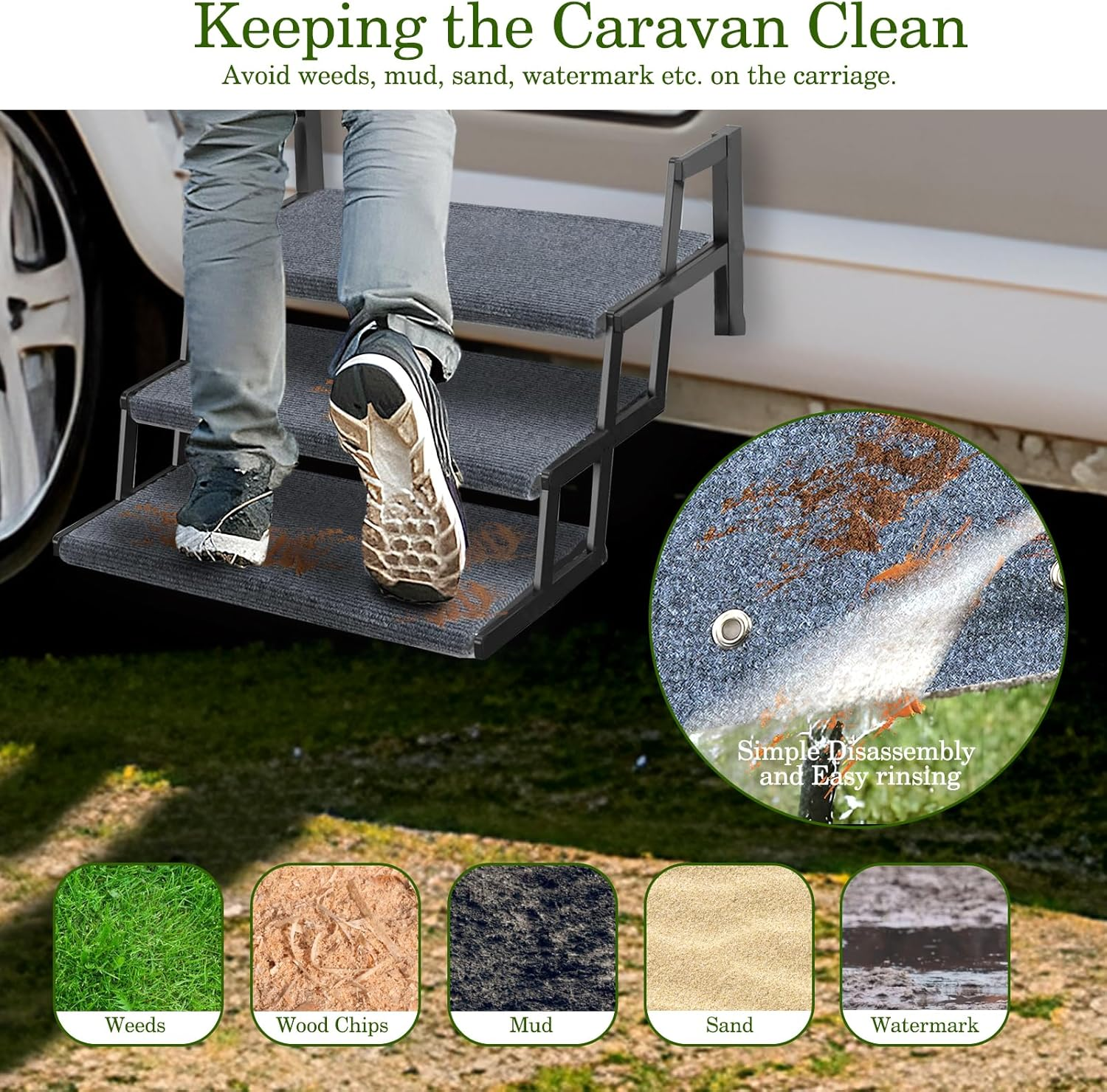 HOMEE RV Step Covers 3 Packs, Camper Step Covers 23 Inch Wide RV Step Rugs, Non-Slip Outdoor RV Stair Cover with Install Hook Fit 8" to 11" RV Stair Treads