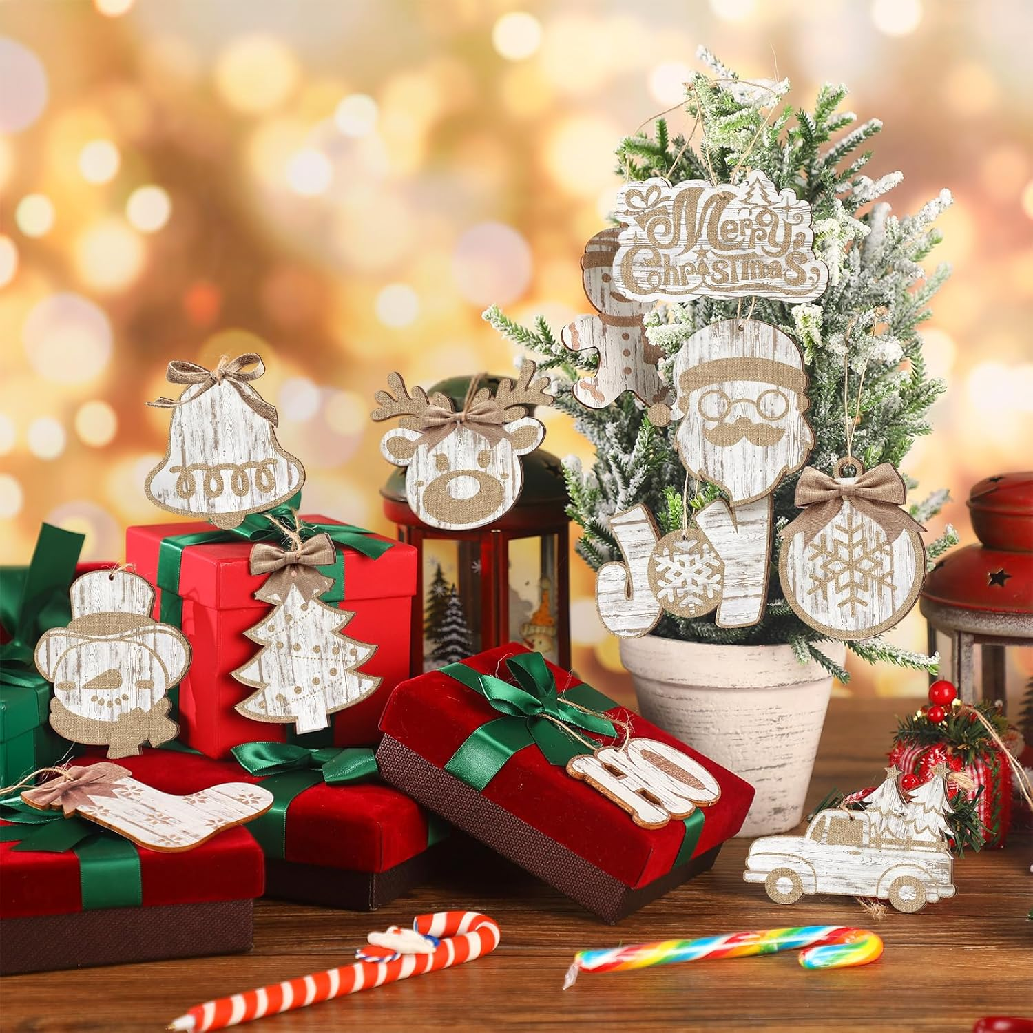 36 Pieces Christmas Buffalo Plaid Hanging Ornaments Christmas Tree Wooden Hanging Decor Wooden Christmas Ornaments Snowflake Reindeer Snowman Plaid Christmas Decor, 12 Styles (Wood Color) - Wood Color image number 3