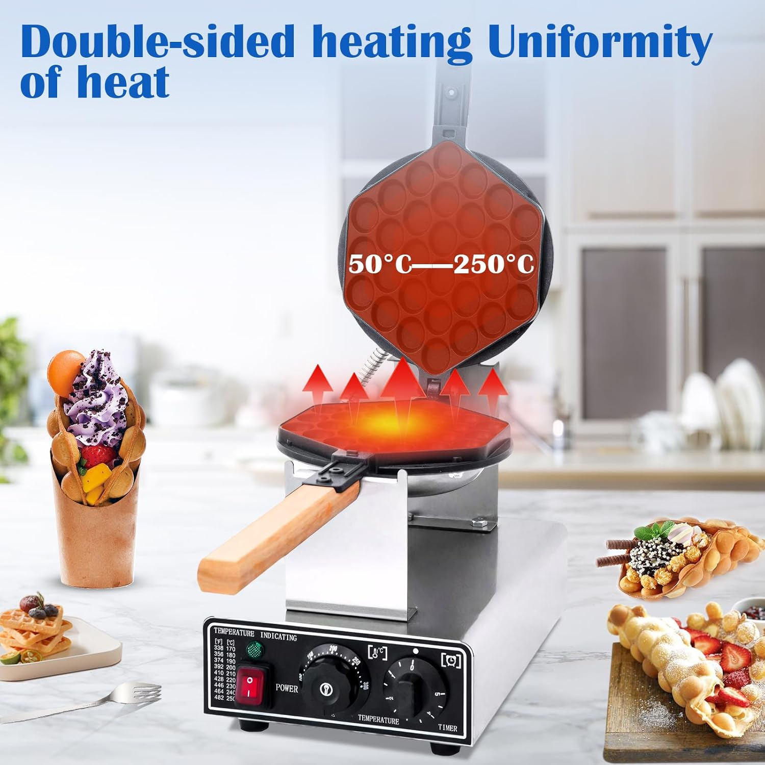 JUMEIYP Commercial Electric Egg Waffle Maker, Bubble Puffle Cake Maker Machine, Non-Stick Pan, 50℃ to 250℃ Temperature and Timer Control, 180&deg; Rotation image number 1