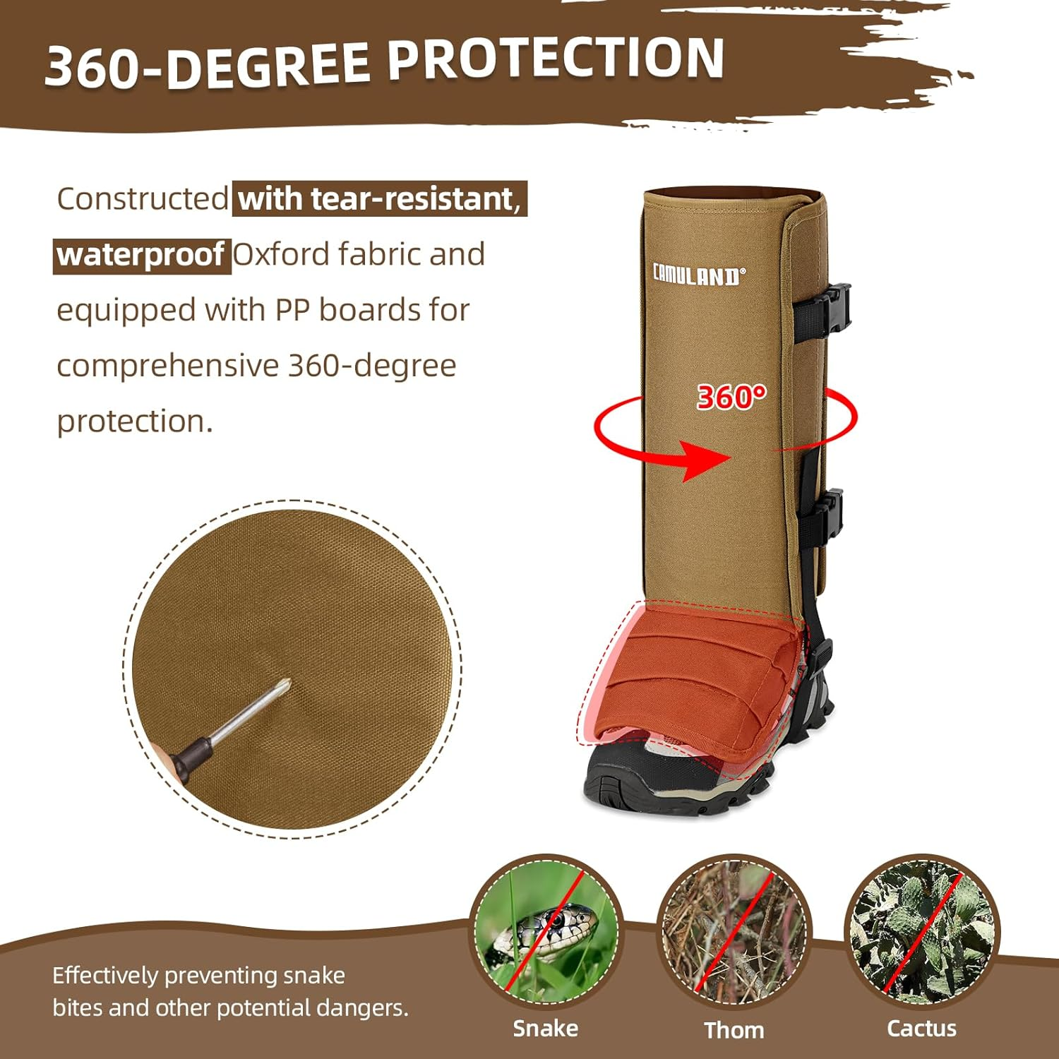CAMULAND Snake Gaiters for Men & Women, Durable Waterproof Snake Guards for Lower Leg Protection, Adjustable Snake Bite Proof Gaiters for Hunting, Hiking, and Farm Work (Khaki) image number 6