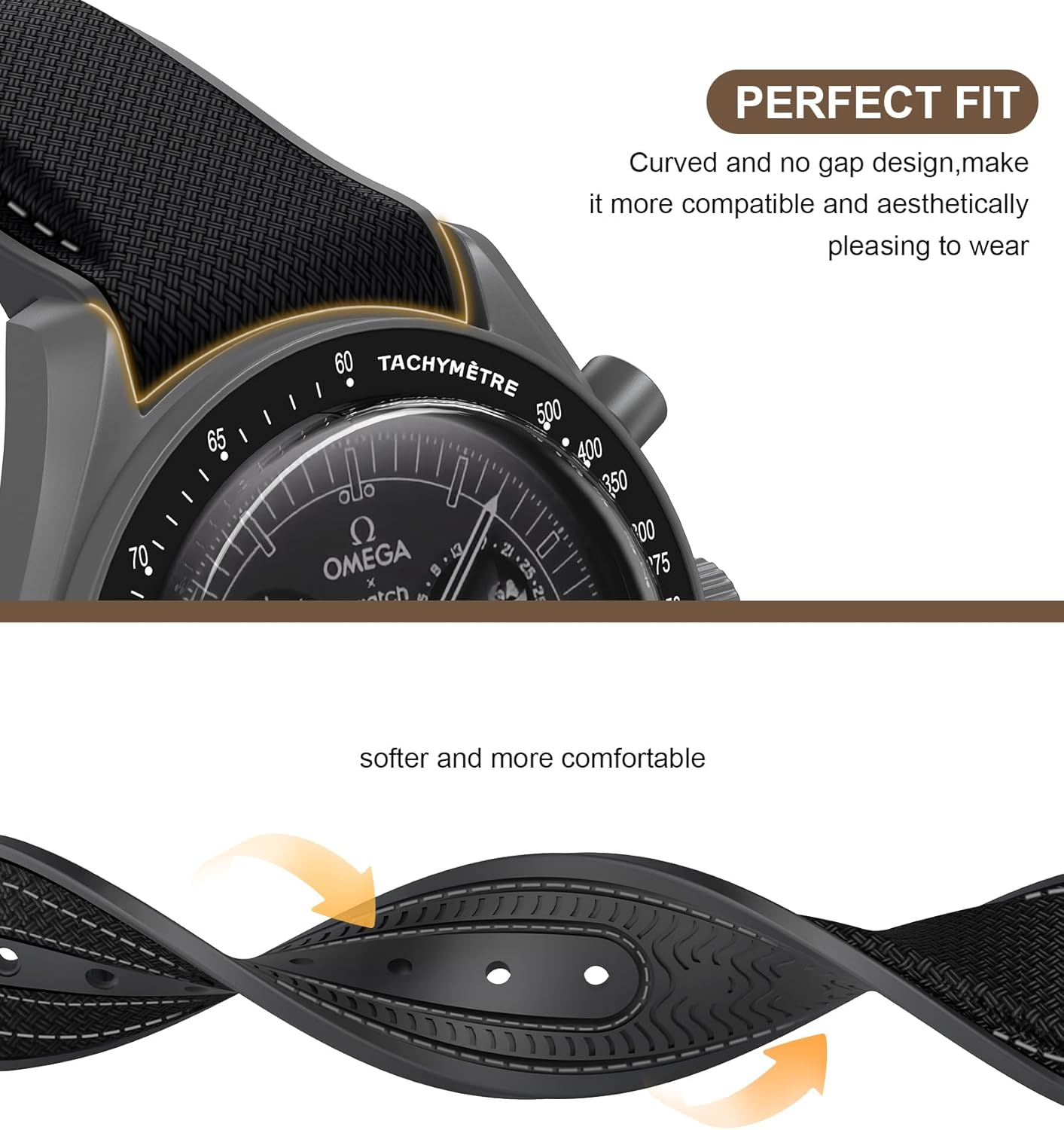 REBANDACE Strap for Omega X Swatch Moonswatch Watch 20Mm,Folding Buckle Strap Compatible Omega Swatch Moonswatch Speedmaster,Curved No Gap Replacement Strap Fo Swatch Omega Men Women - Black image number 5