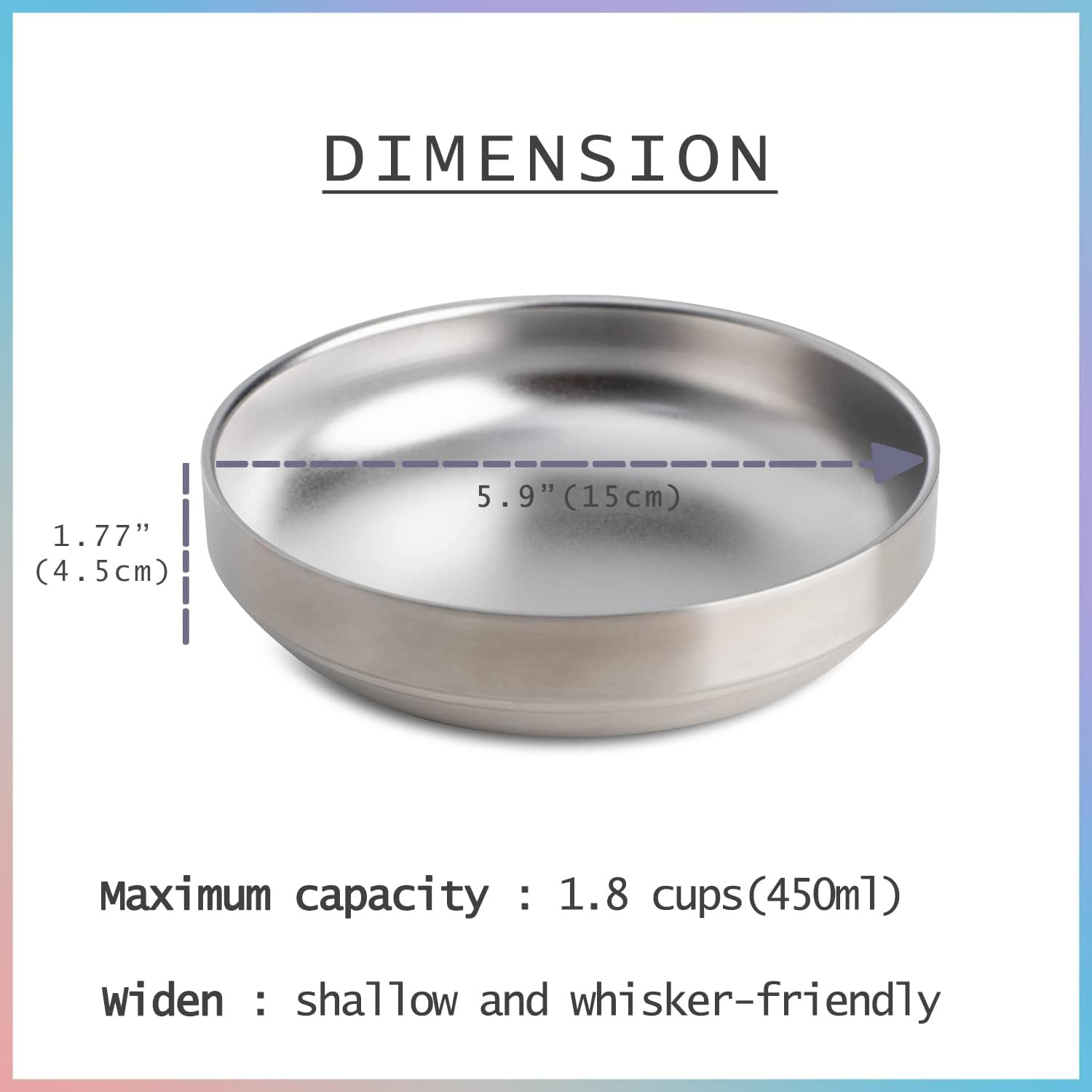 2Pcs Cat Bowl Stainless Steel,Wide Shallow Cat Food Bowl & Cat Water Bowl,Bowl Width 5.9''(15Cm), Whisker-Friendly