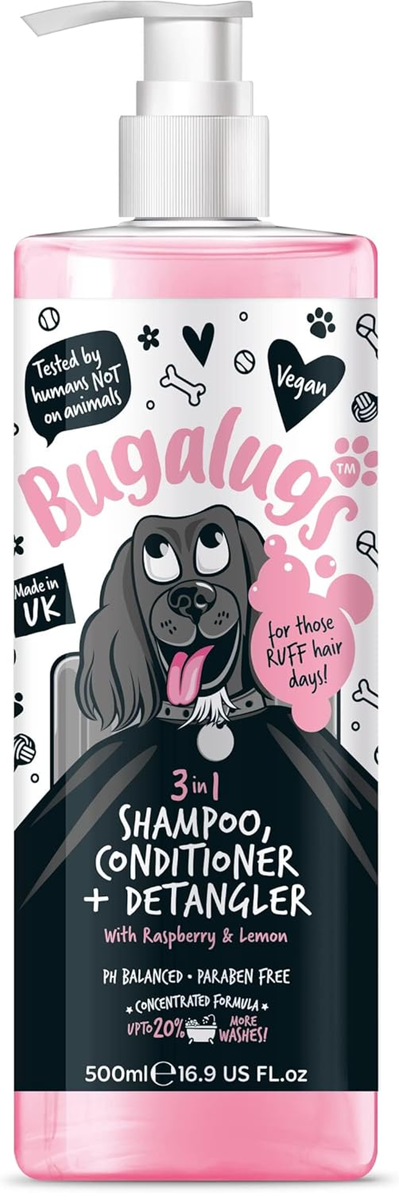 BUGALUGS Dog Shampoo 3 in 1 Shampoo, Conditioner & Detangler - Raspberry & Lemon Dog Perfume Grooming Products for Smelly Dogs, Best Dog Coat Puppy Shampoo, Pet Accessories (Shampoo 500Ml) image number 1