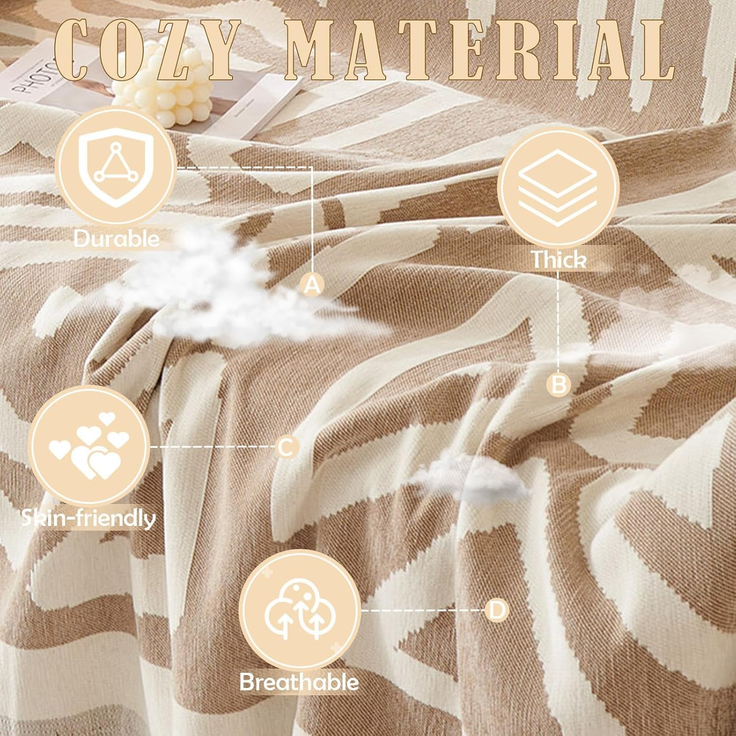 Double Sided Chenille, Soft Sofa Cover Towel, Couch Slipcovers with Tassels Couch,Stylish Sofa Cover Can Be Used as Sofa Blanket, Shawl, Usable in All Seasons (Beige-White, 180 * 300Cm) - Beige-180*230 image number 5