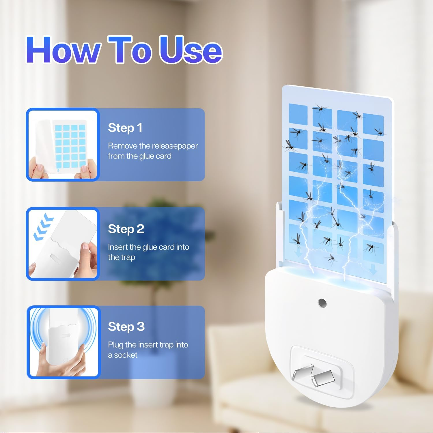 Necomi Flying Insect Trap, 2-In-1 Plug-In Mosquito Killer, with Nighttime UV Light Capture Flies, Adjustable Brightness, Suitable for Flies, Fruit Flies, and Moths, 1 Device + 5 Adhesive Cards (1PCS