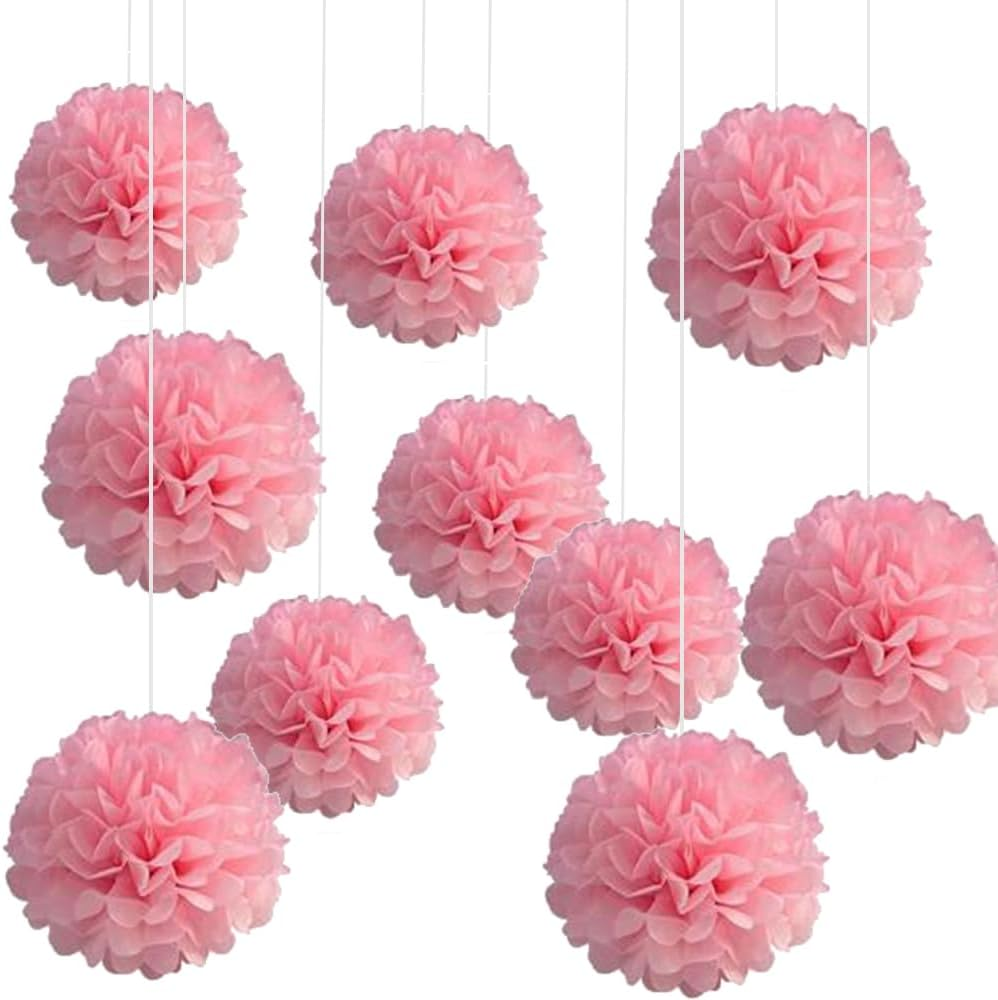 EOMECUIGAO Pink Tissue Pom Poms Paper 10Pcs, 10-12 Inch, Perfect for Weddings, Birthdays, and Parties