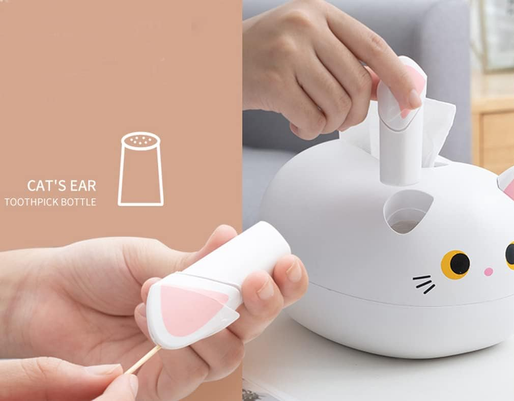Cute Cat Tissue Box Dispenser Storage Tissue Holder with Toothpick Box Cat Gifts(White)