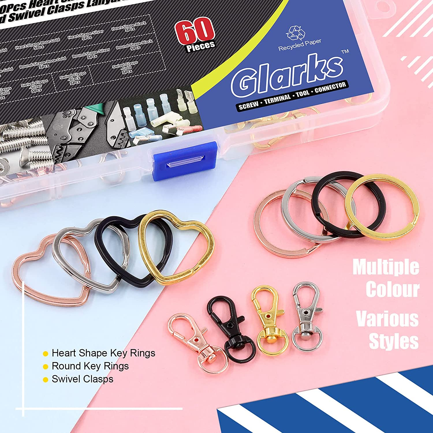 Glarks 60Pcs Flat Key Chain Ring Kit, 4 Colors Creative Heart Shape and round Shape Keychain Split Key Rings with Swivel Clasps Lanyard Snap Hook for Car Home Keys Organization, Arts Crafts, Lanyards