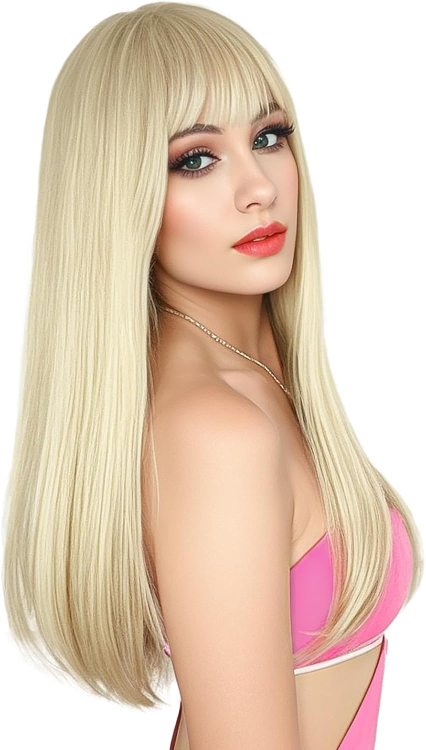 ENTRANCED STYLES Blonde Wig with Bangs, Long Straight Wigs for Women Natural Hair Wigs Synthetic Blonde Wigs for Girls Daily Party Halloween Cosplay Wig 22 Inch - Blonde image number 4
