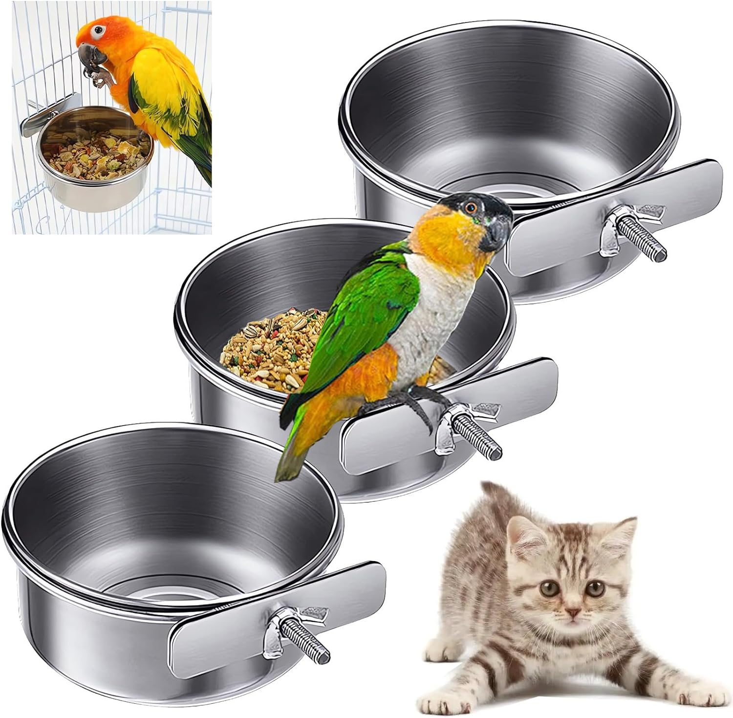 Stainless Steel Bird Feeding Dish Cups, 3Pcs Feeding Cups, Parrot Food Water Bowls with Clamp Holder, Bird Dishes for Parrot Cockatiel, Budgies, Small Animal, Chinchilla