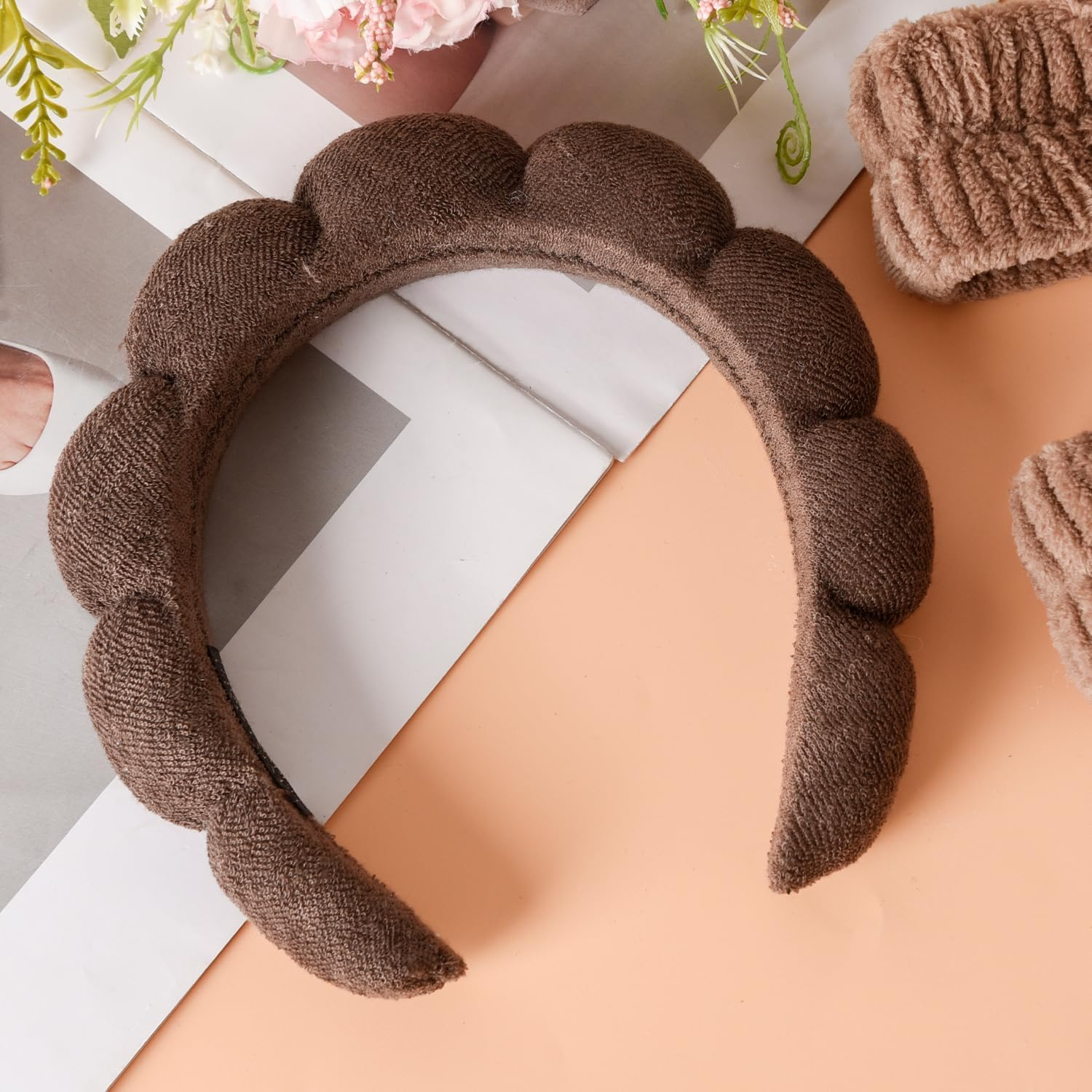 Sponge Headband Bracelet Sets for Washing Face, Makeup Headbands for Women Girls, Skin Care Makeup Removal Washing Spa Yoga Sports Shower Headband Terry Towel Hair Band image number 3