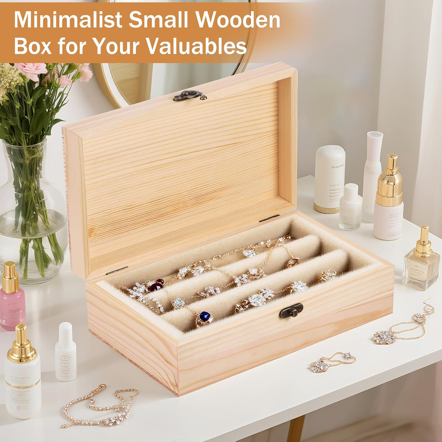 Unfinished Wooden Box with Lid, 25X15X8Cm Small Wooden Box with Hinged Lid & Locking Clasp, Pine Wood Small Wood Crate Boxs, Arts and Crafts Storage Box for Home Table Decoration Keepsake image number 2