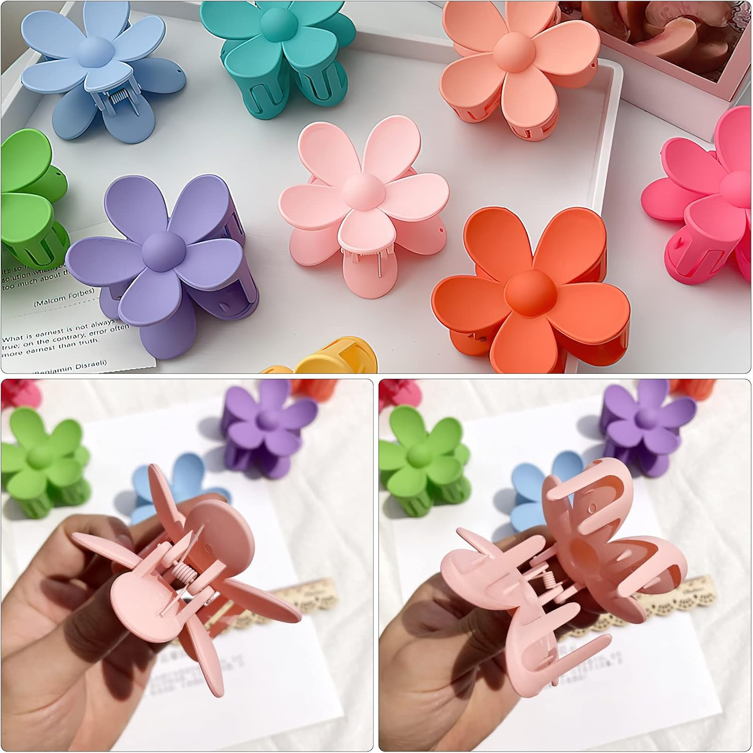 Pack of 8 Hair Clips Flower Hair Clips Yellow Blue Green Pink Purple Rose Red Light Blue Orange Colourful Hair Clips Large Hair Clips Women Acrylic Colourful Hair Clips Small Hair Clip Thin Hair Clips for Girls image number 1