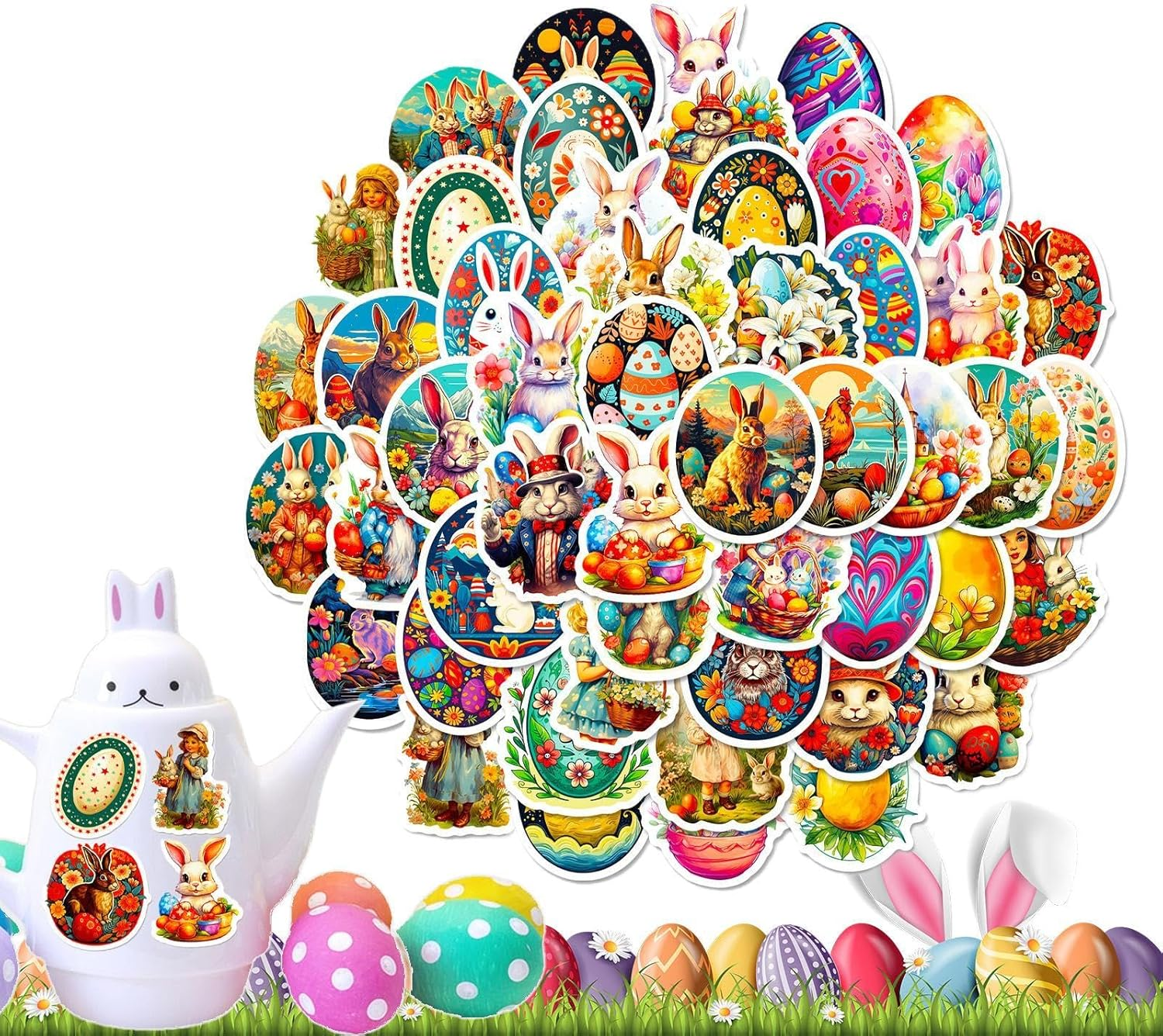 Easter Bunny Stickers, 50Pcs Easter Eggs Stickers, Waterproof Easter Sticker, Easter Basket Stuffers for Kids, Stickers for Water Bottles, Skateboard Stickers image number 2