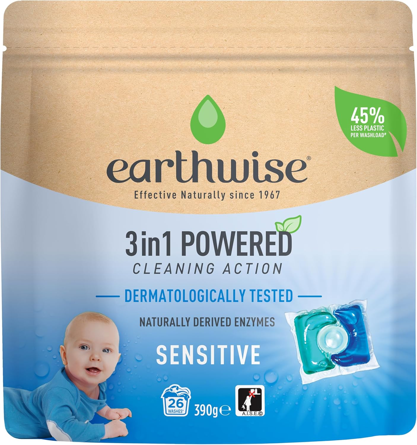 Earthwise Sensitive Laundry Washing Detergent Capsules, 26 Pack, 26 Washloads, Suitable for Front & Top Loader, Dermatologically Tested, 3In1 Powered Cleaning Action with Naturally Derived Enzymes image number 3
