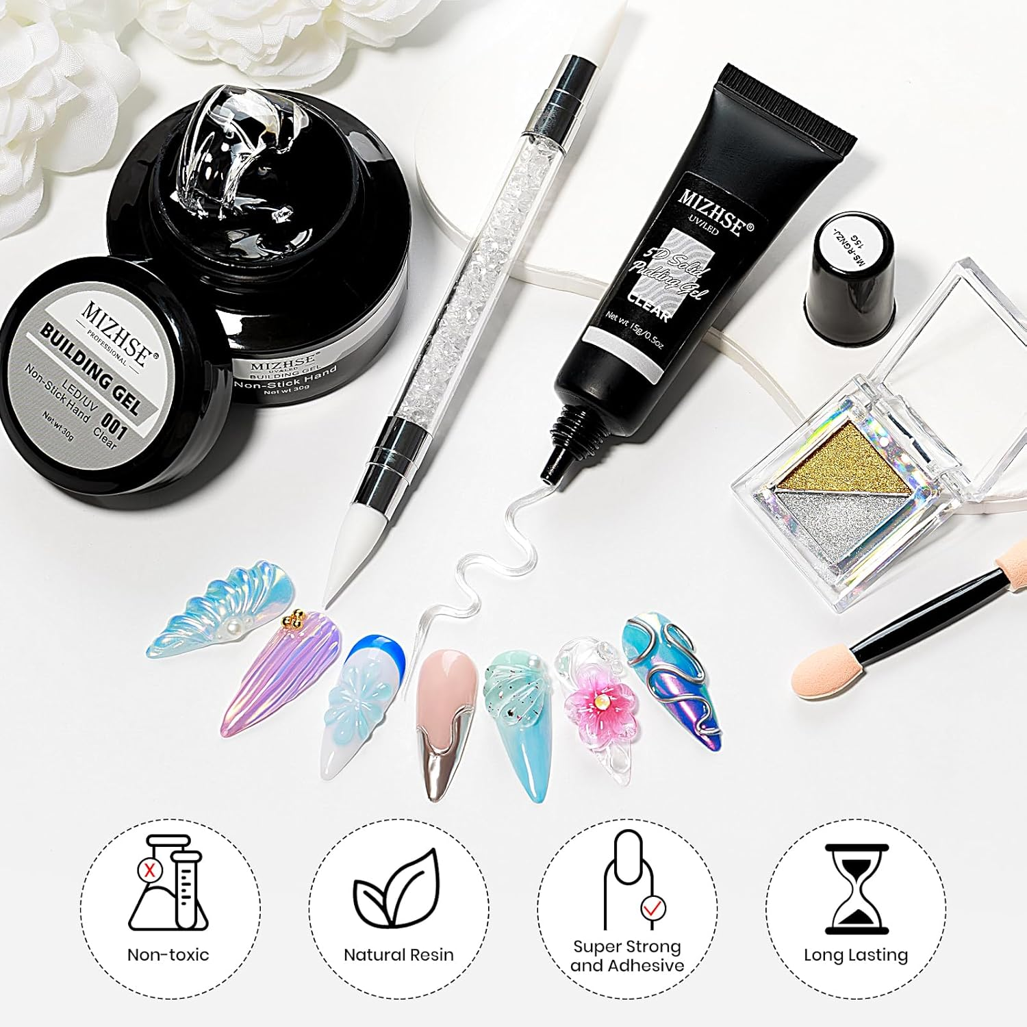 MIZHSE 30G Solid Builder Gel for Nail and 15G 3D Nail Gel, Clear Hard Gels for Nails Sculpting Gels for Nails Art Soak off U V LED Salon Home DIY Woman - A-30G Solid Builder Gel +Nail Chrome Powder image number 2