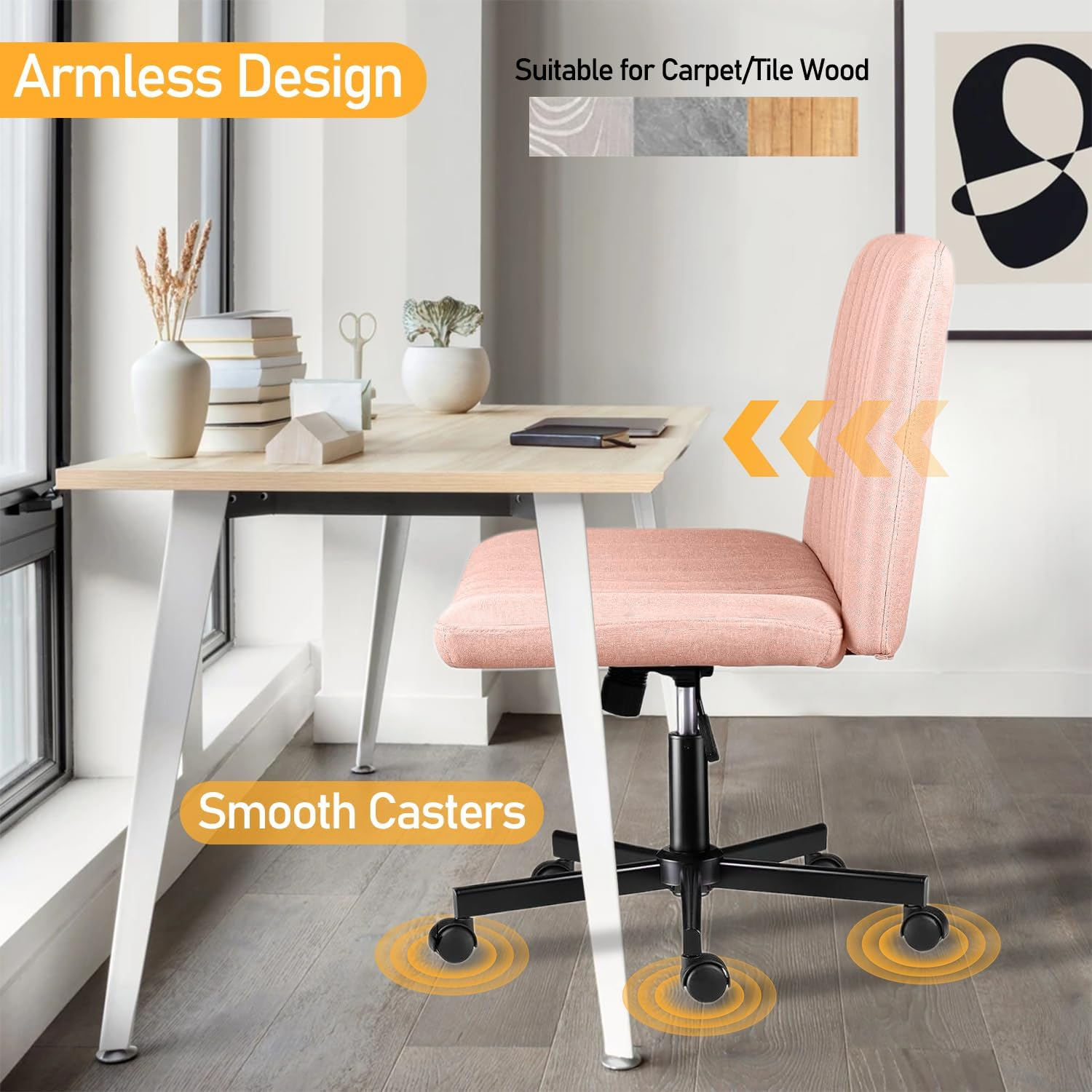 Uandhome Armless Office Chair with Wheels,Ergonomic Wide Seat Fabric Cross Legged Desk Chair, Swivel Computer Chair for Home Office, Modern Vanity Chair image number 4