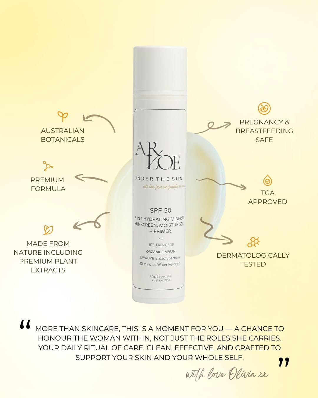 ARLOE Wellness Age Defy Prime & Protect 3-In-1 Daily Moisturiser, SPF 50 Mineral Sunscreen, Makeup Primer, with Kakadu Plum, Hyaluronic Acid, Zinc Oxide, Made in Australia, Vitamin C, Hormone Friendly, Suitable for Acne, image number 6