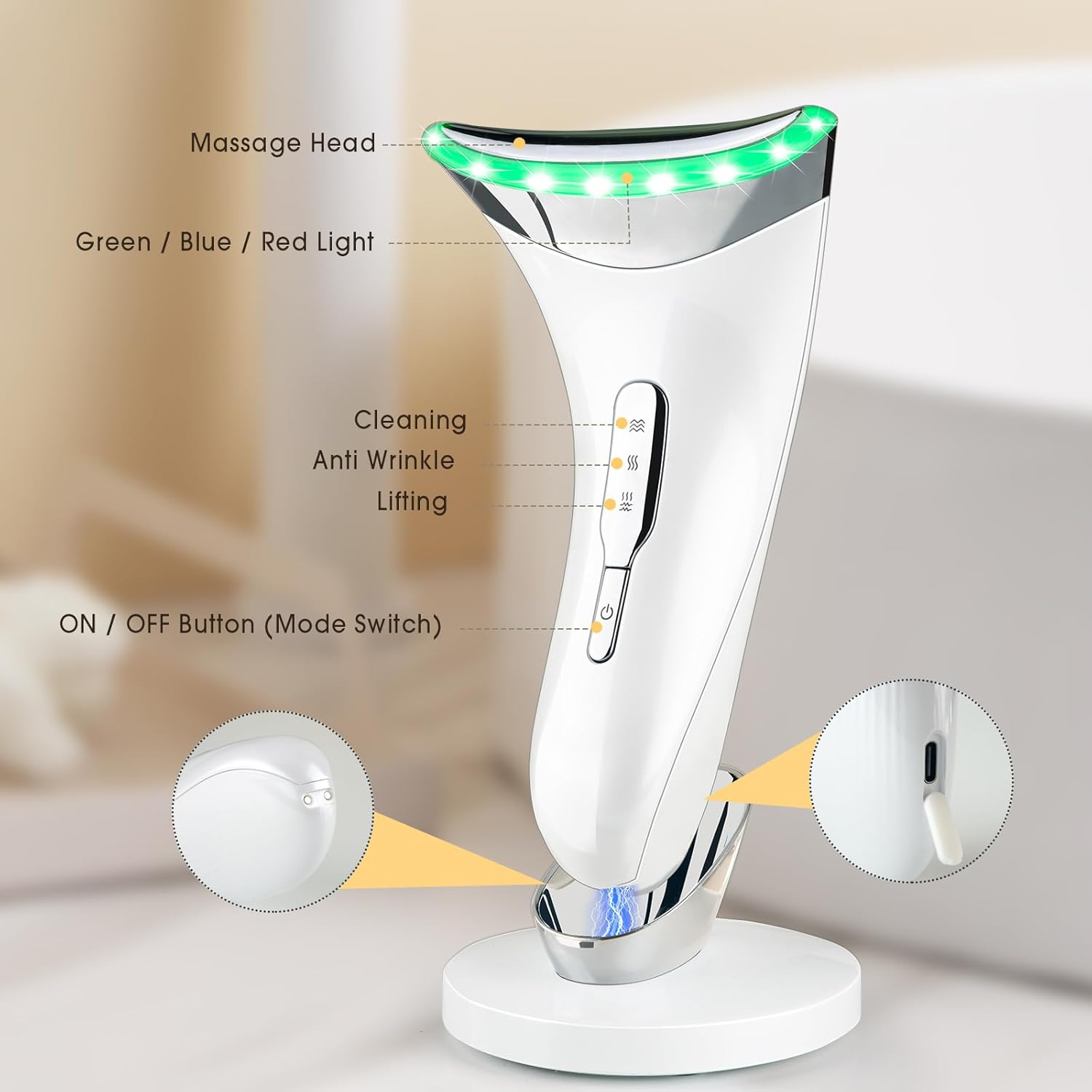 Facial Massager Face Lifting Device: Electric Skin Tightening Machine Neck Lift with 45&deg;C Heat EMS Massage - 3 LED Microcurrent Wand Anti-Wrinkle - Anti-Aging Neck Eye Massagers for Skin Care image number 6