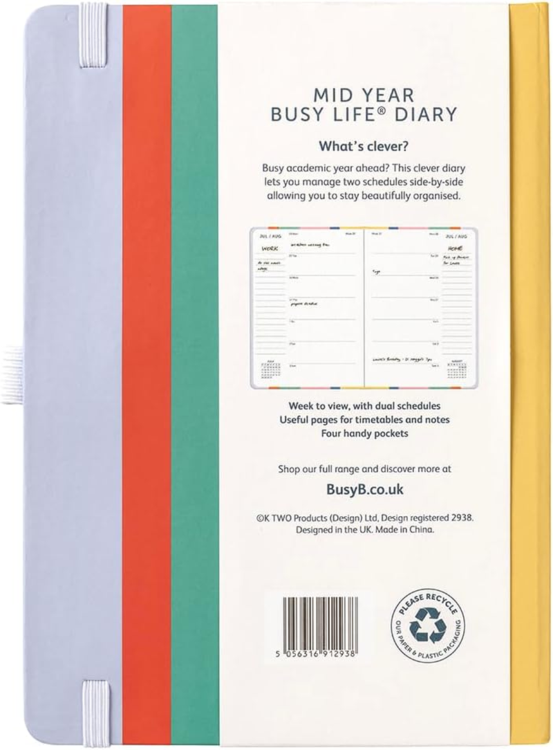 Busy B Diary - A5 Mid-Year Academic Diary - Busy Life Weekly Journal - Aug '25 - Aug '26 - Multi Stripe Cover - Life Planner with Dual Schedules, Year Calendar, Pen Loop, Pockets & Elastic Closure image number 1
