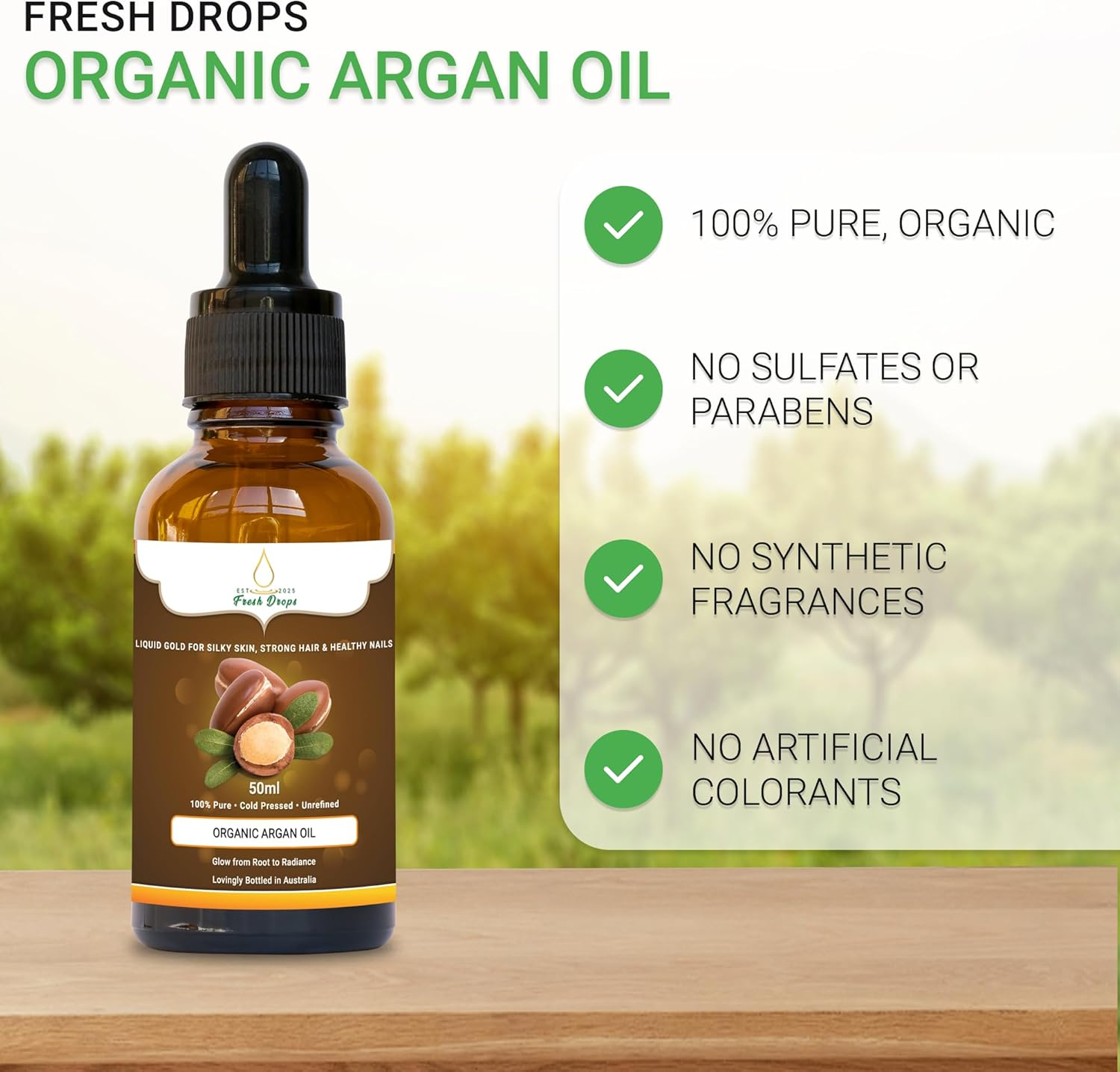 Fresh Drops Organic Argan Oil 50Ml &ndash; 100% Pure Cold Pressed, Natural Moisturizer for Skin, Hair, Face & Nails &ndash; Glass Dropper Bottle image number 5