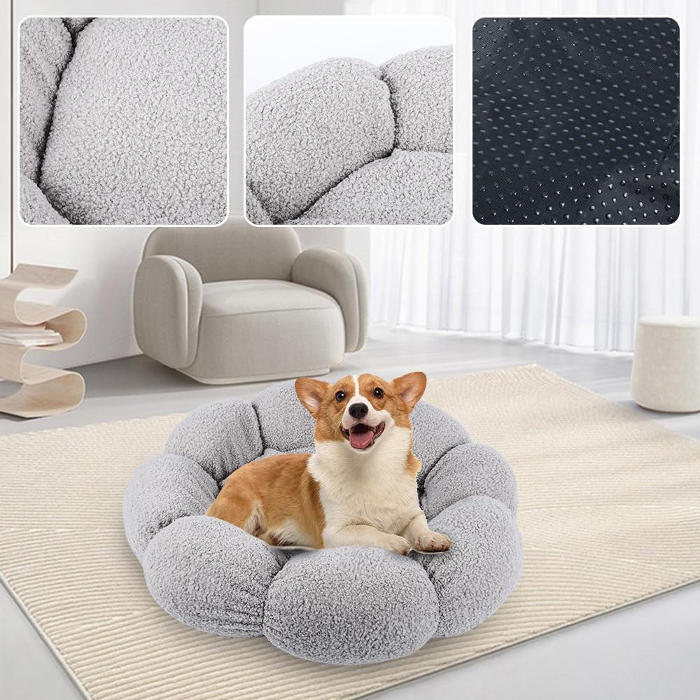 Calming Cat Beds for Indoor Cats Cute Flower Pet Beds in Teddy Sherpa Plush Non-Slip Dog Cat Beds Fits up to 15 Lbs Machine Washable Grey 20" image number 2