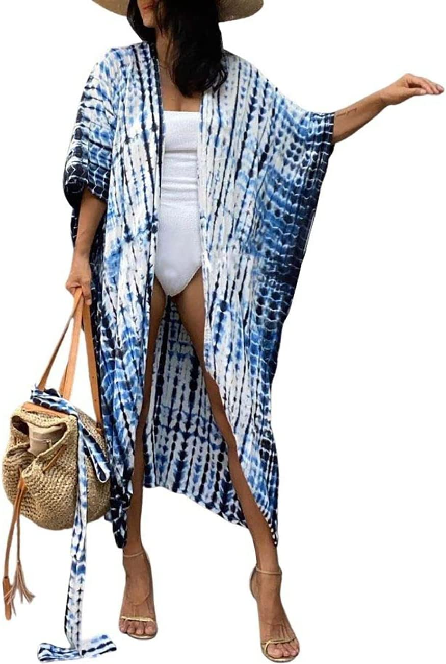 Bsubseach Stylish Tie Dye Open Front Long Kimono Swimsuit Cover up for Women