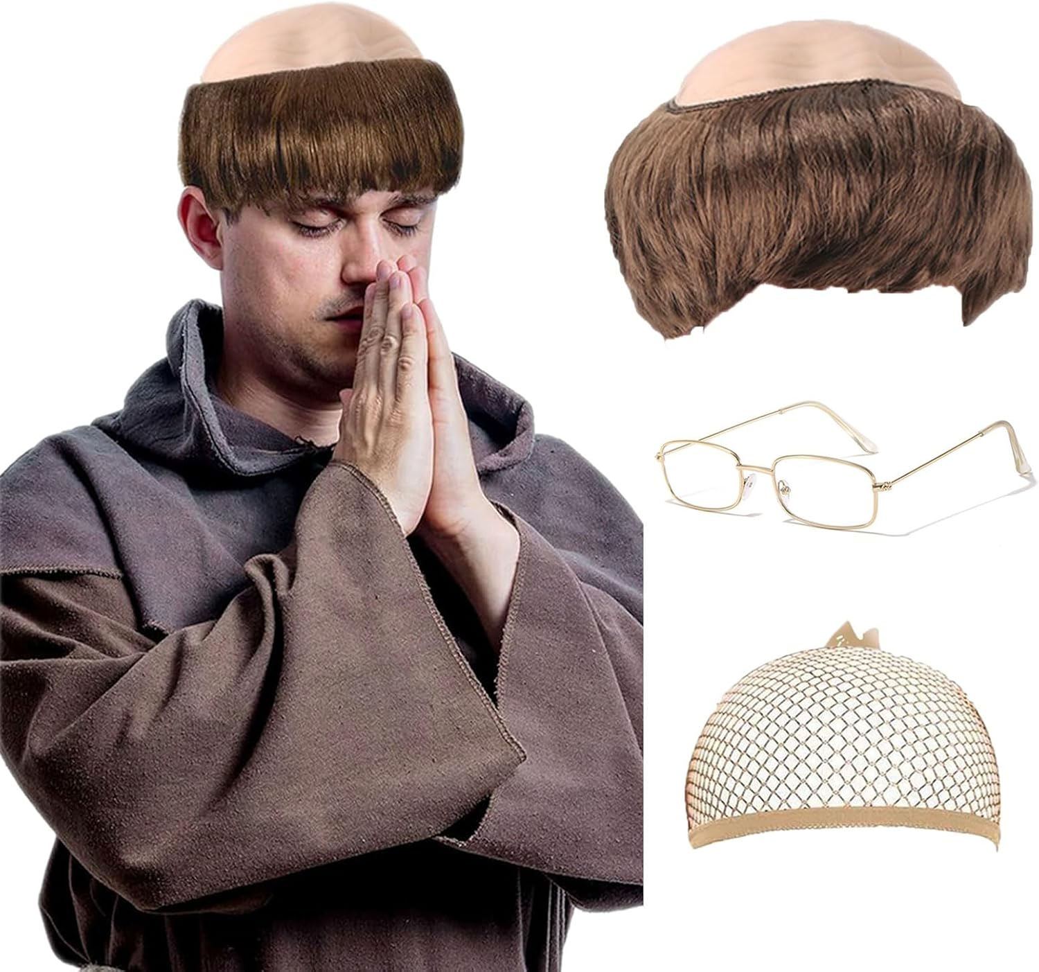 Bald Head Cap Funny Wig for Adults Men Women, Latex Bald Wig Cap Grandpa Glasses, Monk Costumes with Brown Friar Hair Bowl Cut, Men'S Old Man Fancy Dress up Party Halloween Cosplay (Brown) image number 4