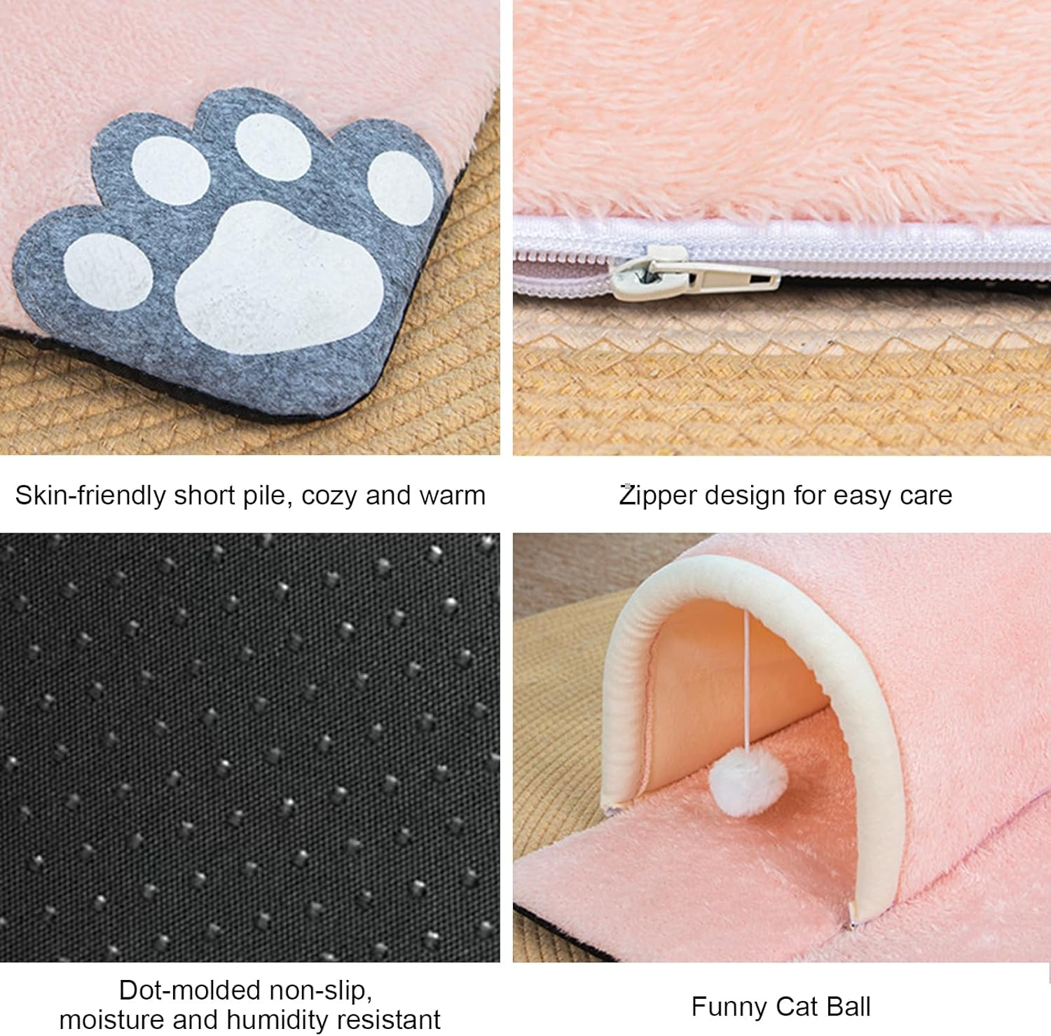 Cat Tunnel Bed, 2-In-1 Cat Play Tunnel with Carpet, Removable Kitten Pet Play Tube - Washable Kitten Cave Mat with Ball Toy, Cat Rug, 50 X 50 Cm (Pink) image number 3