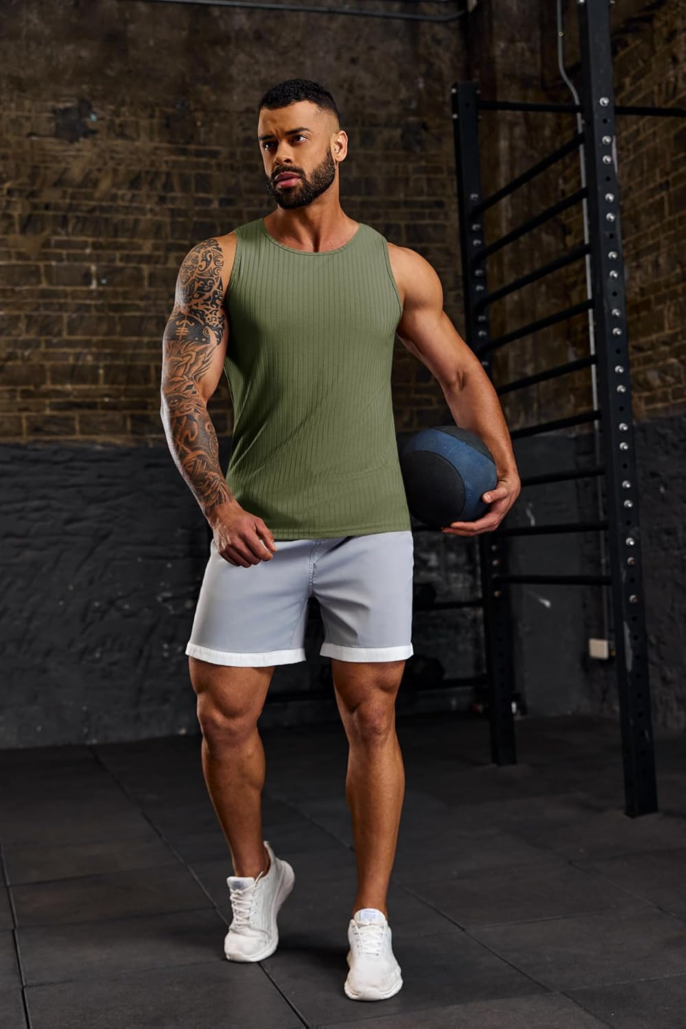 Runcati Men'S Ribbed Tank Tops Knit Sleeveless Workout T Shirt Muscle Gym Fitness Tee image number 2