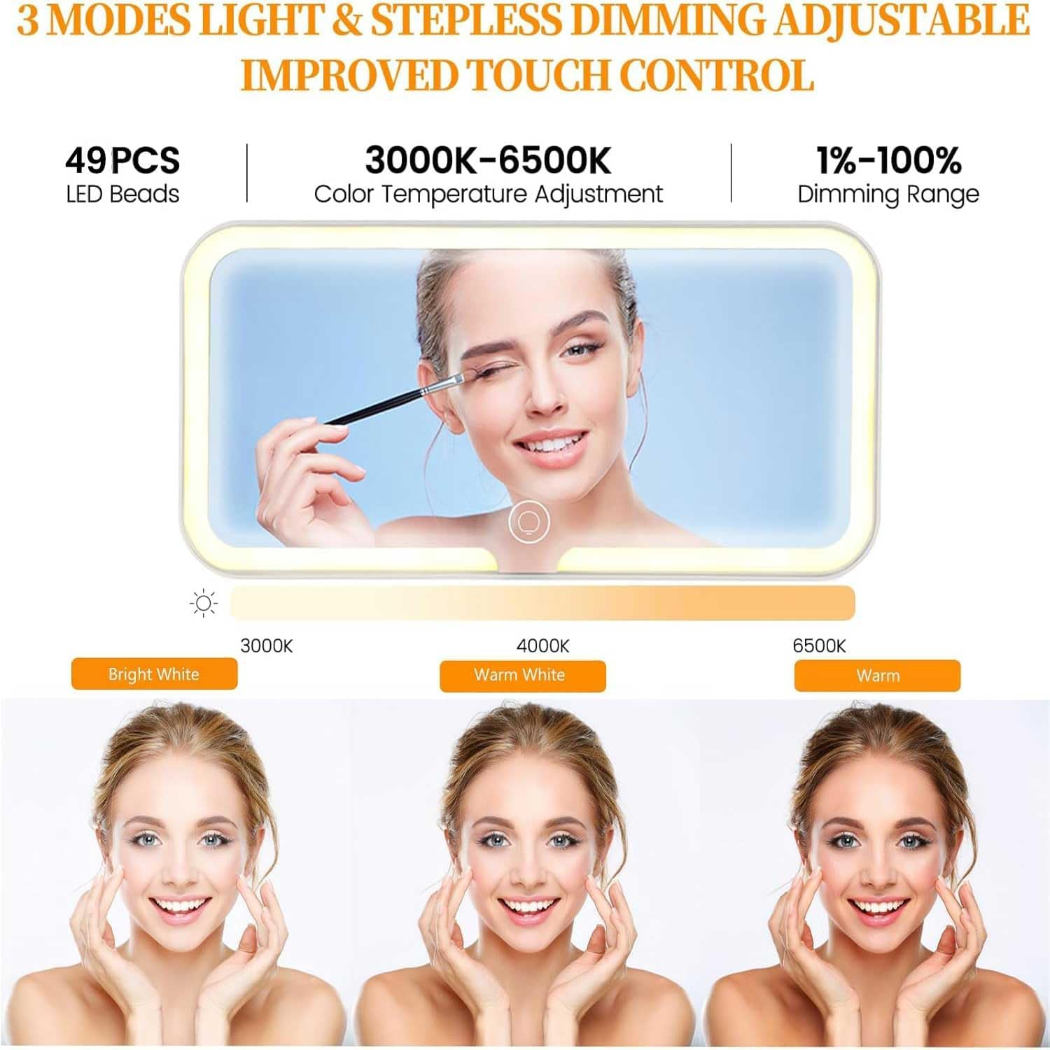 Car Visor Vanity Mirror with Led Lights, Car Vanity Mirror,Mirror with Lights for Car,Car Sun Visor Makeup Mirror with 3 Light Modes and 49 Leds - Rechargeable Cosmetic Mirror,Sun Visor Vanity Mirror image number 3