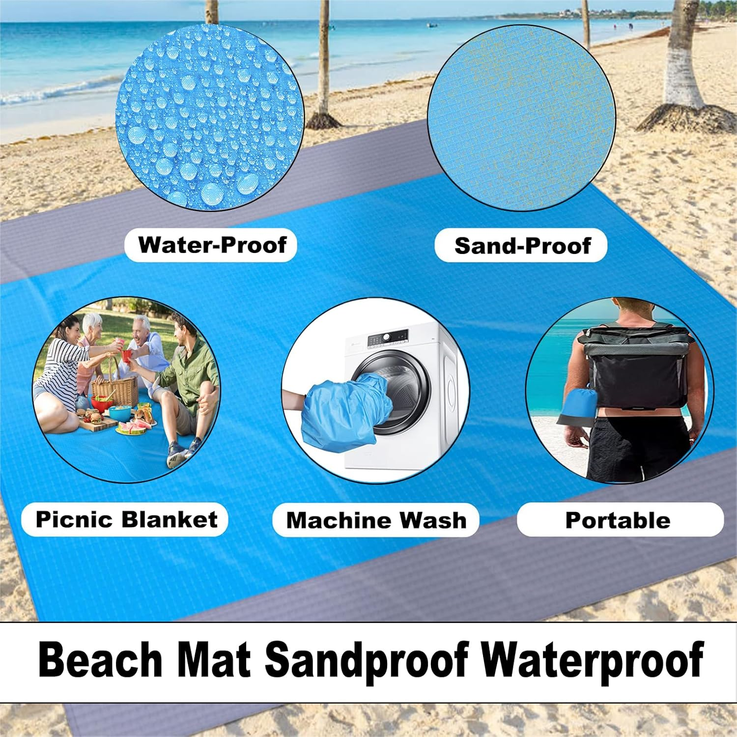 Meagtlva Extra Large Beach Blanket,Waterproof Sandfree Beach Mat,210 * 200Cm Picnic Blankets with 4 Stakes & 4 Corner Pockets,Large Picnic Mat for Travel Camping Hiking