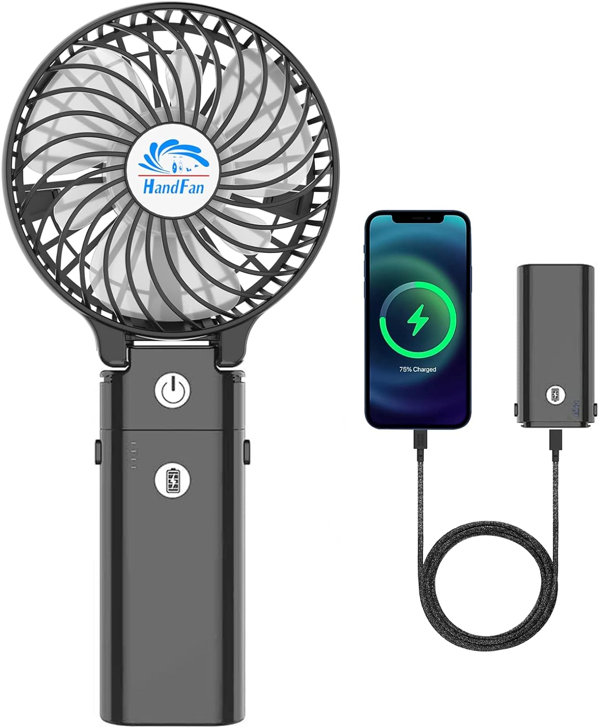 Handfan 5200Mah Portable Handheld Fan, Personal Hand Held Fan USB Rechargeable, 180&deg; Foldable Portable & Detachable Handle Design,3 Speeds Strong Airflow Cooling for Travel/Outdoors/Indoors (Black)