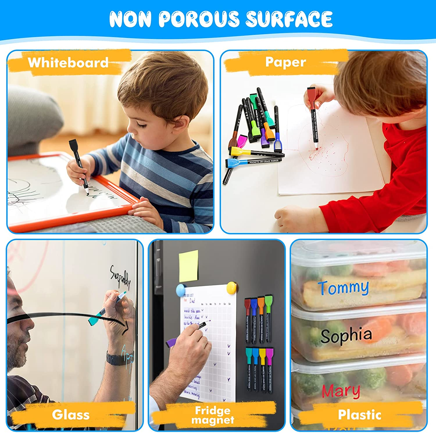 Maxtek Whiteboard Pens Magentic, Fine Tip Dry Wipe Pens, Assorted Colours, White Board Markers Erasable with Eraser, Low Odour Thin Whiteboard Pens image number 2