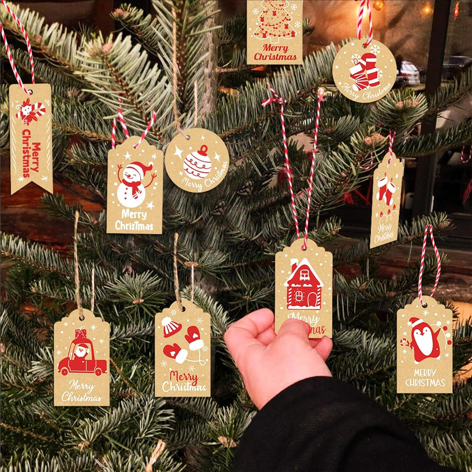 100 PCS Gift Tags Christmas, Brown Kraft Paper Gift Tags Christmas Kraft Paper Tags with String DIY Xmas Hanging Name Tags image number 1